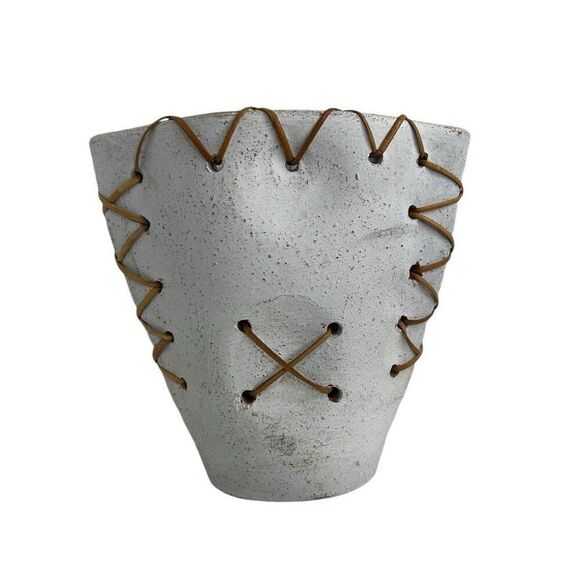 Vintage Minimalist Asian Pottery Vase 7 3/4" White Ceramic with Woven Rattan - Picture 1 of 10